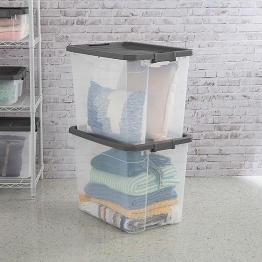 Sterilite 4-Pack Modular Stacker Box, Durable Clear Plastic Storage Bins with Latching Lids, 108 Quart - Stackable Organizing Container Boxes for Closet, Bathroom, and Office