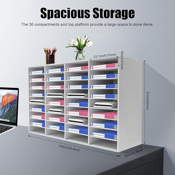 36 Slots Mail Sorters for Office, PVC Literature Organizer with Removable Shelves, Door-Less Mail Center Paper Storage Cabinet for Files Magazines Documents, 9.3 * 2.4in Each Slot (36 Slots - White)