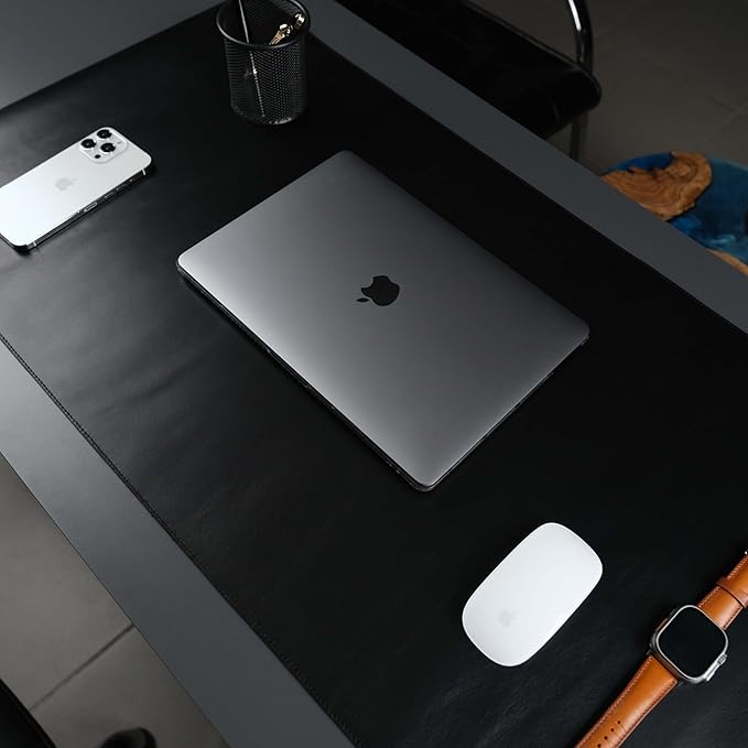 TORONATA Jersey Genuine Calfskin Leather Desk Pad, Office Desk Mat with Non-Slip Bottom, Smooth Surface for Mouse & Keyboard, Desk Protector (14.6x31.5 inches) (Black)
