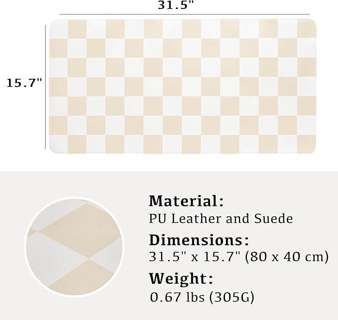 Ohocut Checkered Desk Mat, 31.5" x 15.7" Large Cute Beige Sand Aesthetic Retro Accessories, PU Leather Computer Laptop Desk Mat Mouse Keyboard Pad, Desk Writing Makeup Mat for Vanity/Work/Home Decor