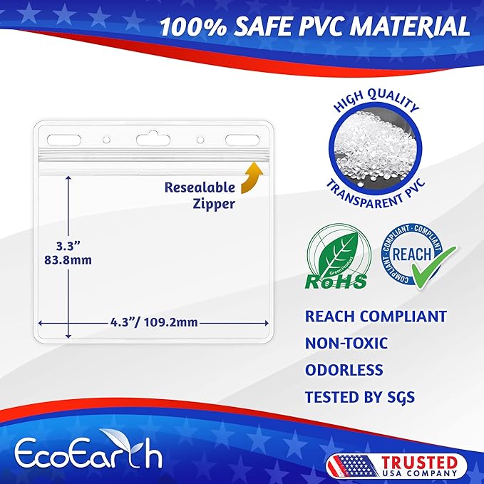 EcoEarth - Horizontal Card Protector w/Soft Edge - Sealable 4x3 Inch, Clear, 50 Pack - Waterproof ID Badge Holder - Plastic Name Tag Holder Bulk
