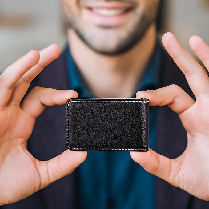 Outus 2 Pieces Business Card Holder, PU Leather Business Card Case Pocket Wallet with Magnetic Shut for Valentines Gift Men Women(Black and Red,Classic)