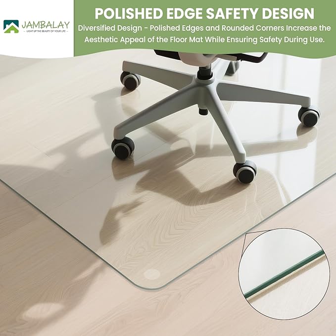JAMBALAY 46″×36″ Tempered Glass Floor Mat, Heavy Duty Glass Office Chair Mat for Carpets or Hard Floors, Carpet Floor Mats with 12 Non Slip Pads for Easy Roll On, Thick 1/5″