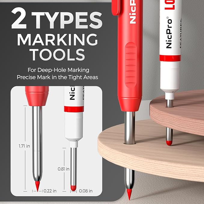 Nicpro 3 Pack CP1000 Carpenter Pencils with Sharpener, Mechanical Carpenter Pencil with 39 Refills, Deep Hole Long Nib Marker Pens for Construction, Heavy Duty Woodworking Pencil for Architect Marking