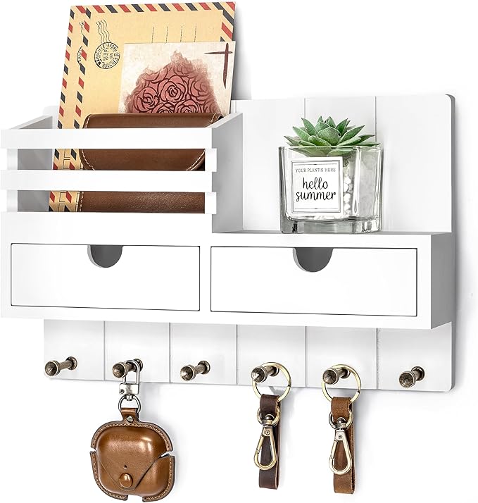 Rebee Vision Decorative Key Holder Wall Mount for Home Decor - Mail Holder with 2 Drawer Organizer and 6 Key Hooks - Home Organization for Aesthetic Room Decor (White)