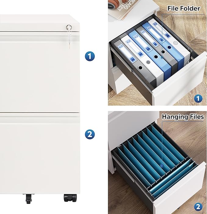 DEVAISE 2 Drawer Mobile File Cabinet with Lock, Commercial Vertical Filing Cabinet for Home Office, White