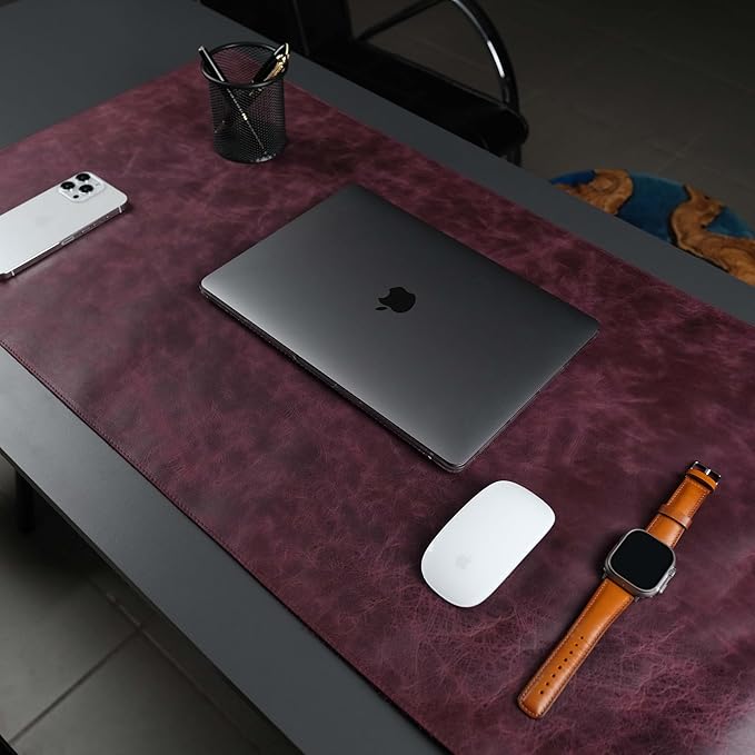 TORONATA Jersey Genuine Calfskin Leather Desk Pad, Office Desk Mat with Non-Slip Bottom, Smooth Surface for Mouse & Keyboard, Desk Protector (14.6x31.5 inches) (Purple)