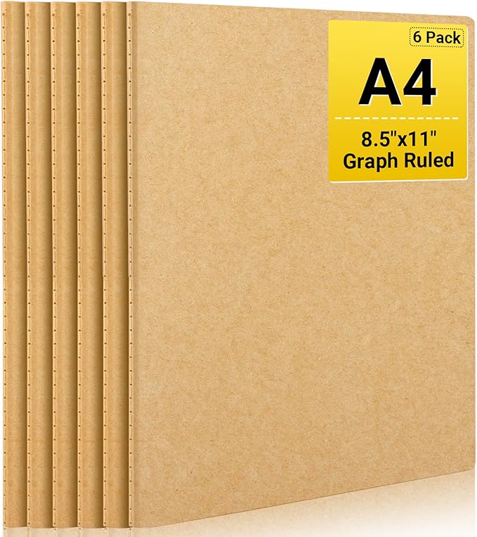 EUSOAR Graph Notebook, 6 Packs Large A4 8.5" x 11" 40 Sheets/ 80 Pages, 100gsm Thick Paper Kraft Journal Notebook, Student Sketchbook Composition Diary Subject Notebooks Planner Journal