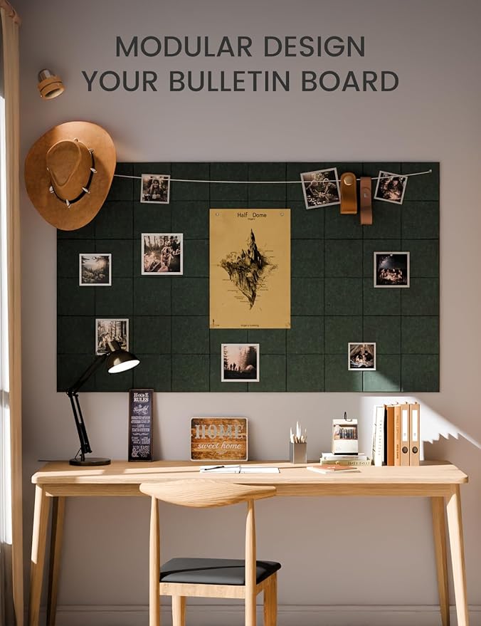 Large Felt Bulletin Board 36"x24", 6-Pack 4-Compartment Wall Organizer, Cork Board Alternative with 60 Removable Adhesive Tabs, Modular Felt Panels for Home Office, Classroom and Study-Pine Green