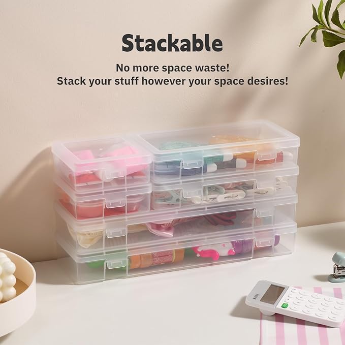 novelinks Stackable Plastic Clear Storage Box Containers with Latching Lid - Art Craft Supply Organizer Storage Containers for Pencil Box, Crayon, Beads, Jewelry (12 Pack Small -Clear)