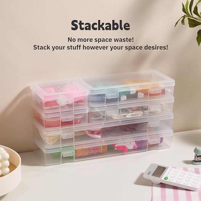 novelinks Stackable Plastic Clear Storage Box Containers with Latching Lid - Art Craft Supply Organizer Storage Containers for Pencil Box, Crayon, Beads, Jewelry (18 Pack Small -Clear)