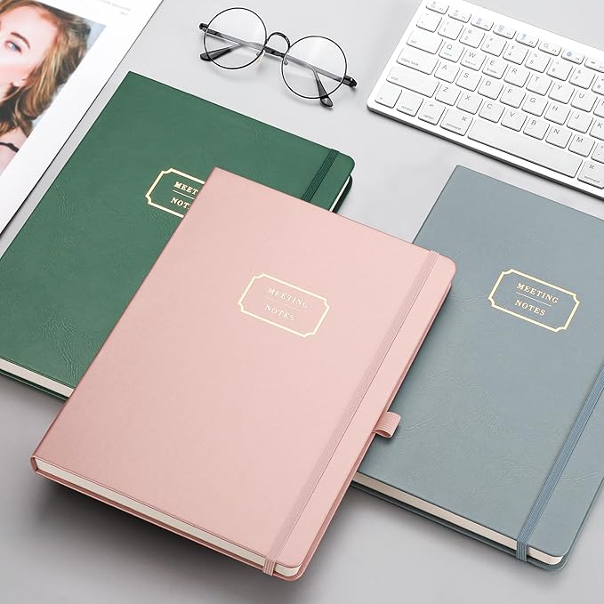 EMSHOI Meeting Notebook for Work with Sticky Tabs - 240 Pages, A4 Size Project Planner, PU Leather Meeting Agenda/Minutes Organizer for Women Men Note Taking Office Business, 8.3"x11.7", Dark Green