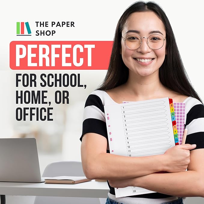 Binder Dividers with Tabs 1-20 Numbered – A4 (5 Pack) | Dividers for 3 Ring Binder | Numbered Tab Dividers for Office, School & Home Organization - The Paper Shop