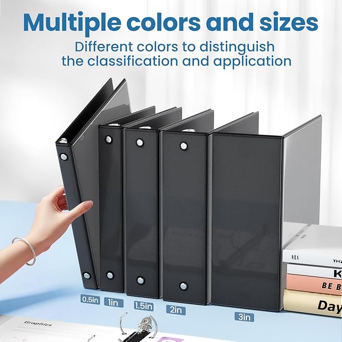 SUNEE 3 Ring Binders 1/2 Inch 12 Pack, Clear View Three Ring PVC-Free (Fit 8.5x11 Inches) for School or Office Supplies, Black