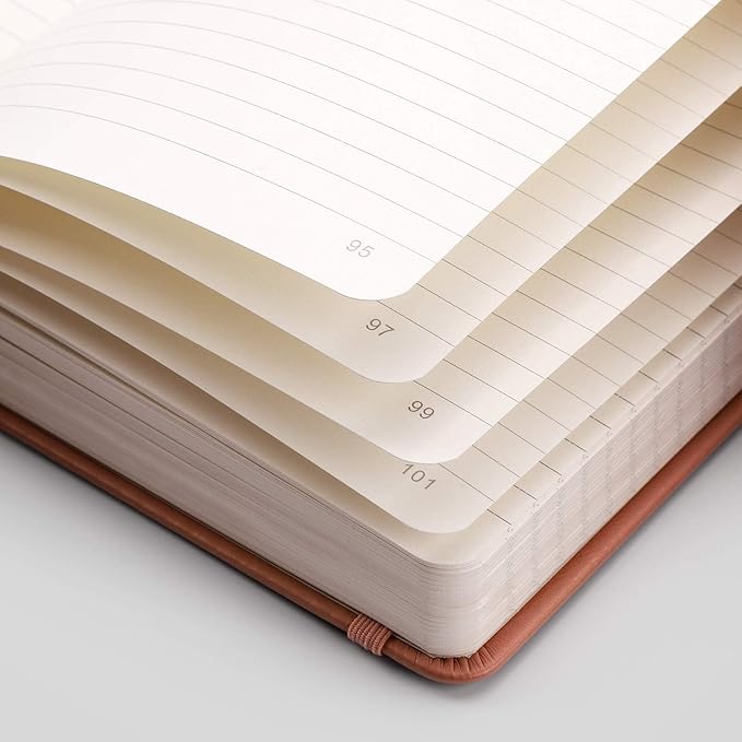 EMSHOI College Ruled Notebook-120gsm Thick Paper, 256 Numbered Pages Lined Journal for Women, 16 Perforated Pages, Faux Leather Hardcover, Inner Pocket, Pen Holder, A5 Medium 5.75" x 8.38"-Pink