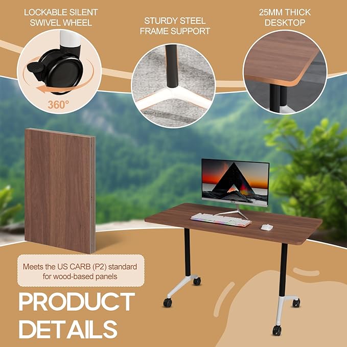 Folding Conference Table 4ft 5ft, Foldable Office Meeting Desk for 6 People, Multiple Sizes Colors Mobile Conference Room Table for Training Room School Business Furniture (4, Walnut, 71in)