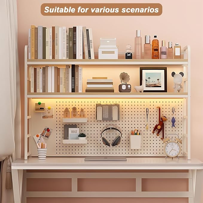 ZWCQSYS 2-Tier Desktop Bookshelf Hutch - Metal Desk Shelf Bookcase with Desk Pegboard Countertop Storage Organizer Rack for Dorm or Office (A, 110cm/43in)