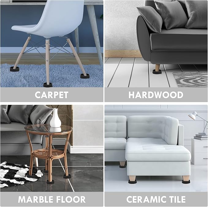 Furniture Coasters, 1.5X1.5 Rubber Caster Cups Non Slip Furniture Pads Non Skid Furnitures Grippers Anti Slide Floor Protector for Bed Couch Table Chair Stoppers (Black, 8 Pack)
