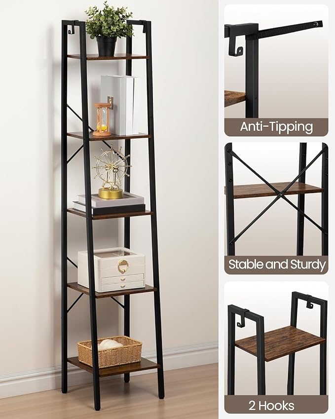 Hzuaneri Ladder Shelf, Bookshelf Bookcase, Freestanding Corner Storage Shelve with 2 Hooks for Home Office, Living Room, Kitchen, Bedroom, Industrial, 11.8" D x 13.4" W x 63" H, Rustic Brown BC03201B