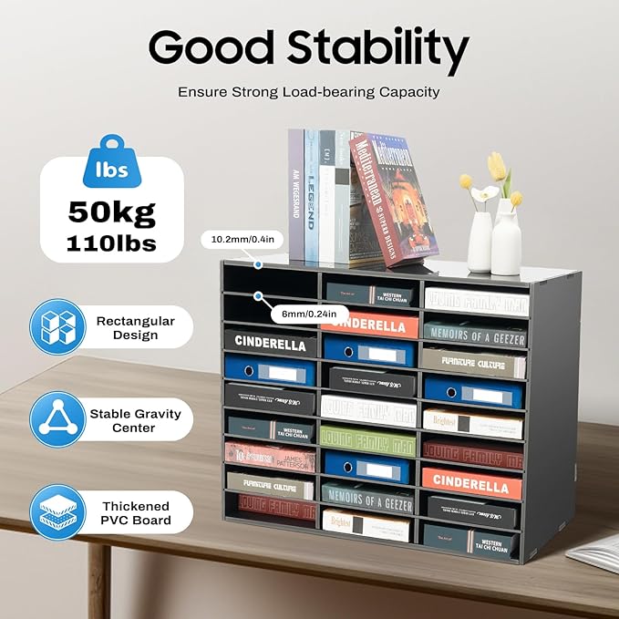 27 Slots Mail Sorters for Office, PVC Literature Organizer with Removable Shelves, Door-Less Mail Center Paper Storage Cabinet for Files Magazines Documents, 9.8 * 2.2in Each Slot (27 Slots - Black)