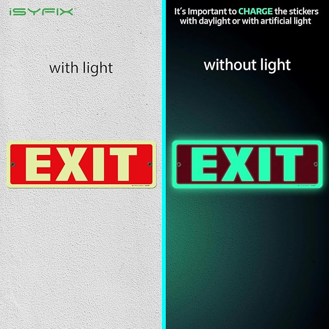 iSYFIX Exit Glow in the Dark Sign Aluminum – 2 Pack 12x4 Inch – Photoluminiscent, Laminated for Ultimate UV, Weather & Fade Resistance, Indoor & Outdoor for Business, School, Office, Warehouse