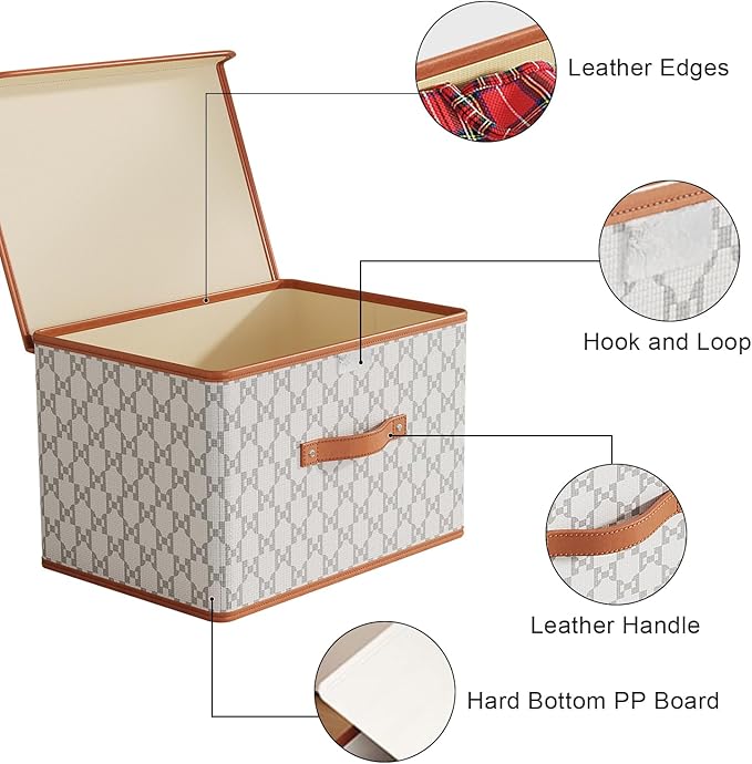 Tuza 2 Pack Fabric Storage Bins with Lids, Collapsible Closet Organizer Container, Decorative Storage Boxes with Lids for Organizing Clothes, Blanket, Grey & White, Large