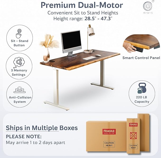 Standing Desk with Keyboard Tray – Walnut Solid Wood Desk, Natural Live Edge, Adjustable Height Dual Motor, Sit Stand for Home Office (White, W48 x D27)