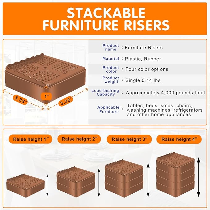 shouwuhho Furniture Risers, 8 Pack Bed Risers with Non-Slip Grip and Heavy Duty Support, 1 Inch 2 Inch 3 Inch 4 Inch Height Lift for Couch, Sofa, Table, Desk, Chair, Refrigerator - Brown, 1 Inch