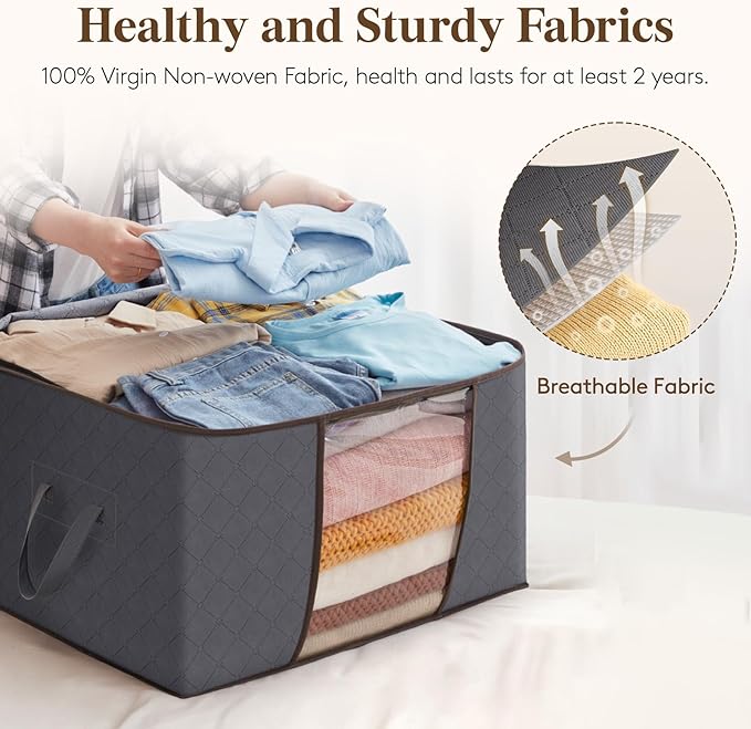 Lifewit Large Capacity Clothes Storage Bag Organizer with Reinforced Handle Thick Fabric for Comforters, Blankets, Bedding, Foldable with Sturdy Zipper, Clear Window, 12 Pack, 90L, Grey