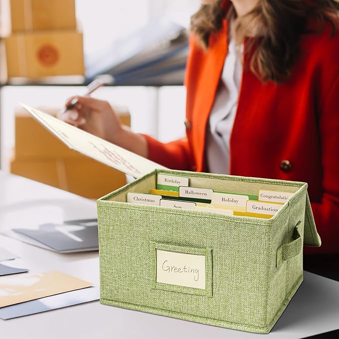 Vienrose Greeting Card Organizer Storage Box with 20 Removable Dividers, 84 Self-stick Labels, Perfect for Photos, Envelopes, Scrapbooking, Paper, Stickers Holder 1 Pack Grass Green