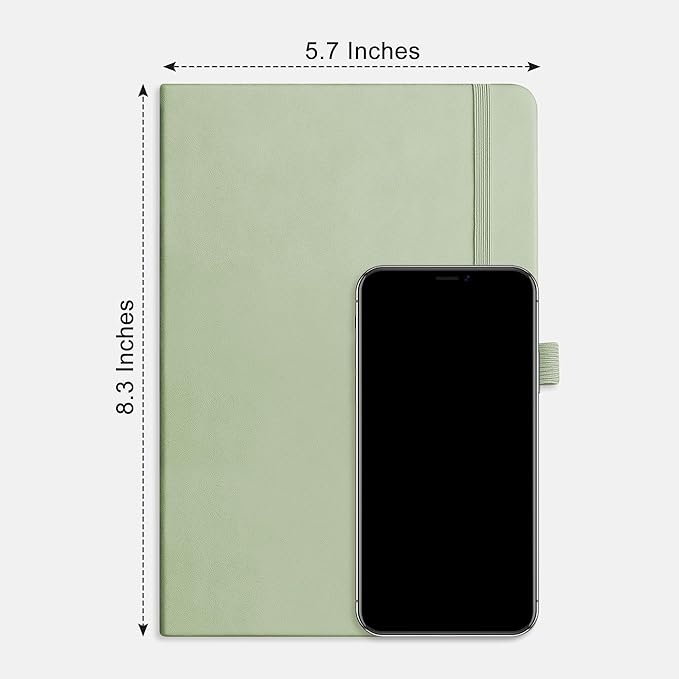 RETTACY Bullet Dotted Journal Notebook, 320 Numbered Pages, A5 Medium Size (5.7'' × 8.3''), Leather Hardcover, 100 GSM Thick Paper, for Bullet Journaling, Planning, Tracking (Light Green)