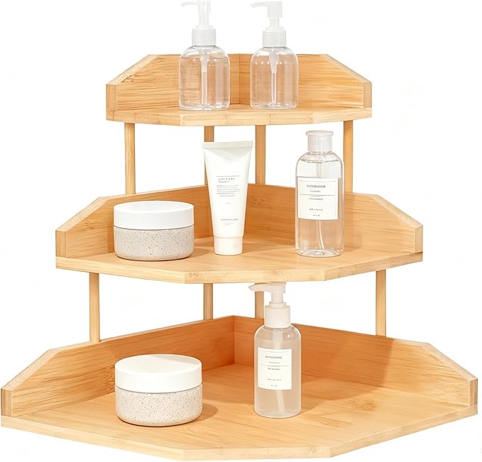 HYNAWIN Bamboo Corner Desk Organizer Shelf, 3-Tier Triangle Storage Rack for Office & Home, Space-Saving Desktop Shelf for Books, Stationery, Makeup, Small Items