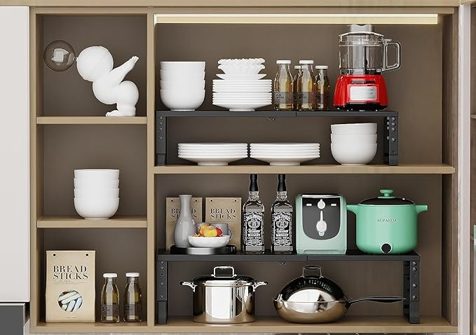 Jojocross Expandable Cabinet Shelf Organizer Storage Spice Rack Shelves for Kitchen Stackable Adjustable Pantry Cupboard Bathroom Countertop Desktop(1Pack/Black/Large)