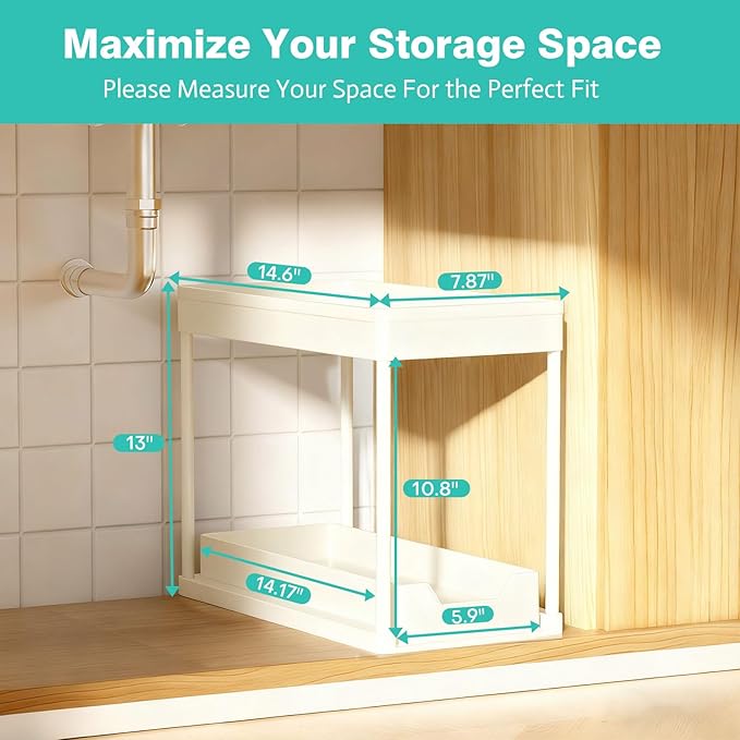APWNRJA Under Sink Organizers and Storage 2 Pack, Pull-Out Sliding Cabinet Organizer with 2-Tier Storage Shelf & 4 Hooks, Multi-Purpose for Kitchen & Bathroom (13 Inch, White)