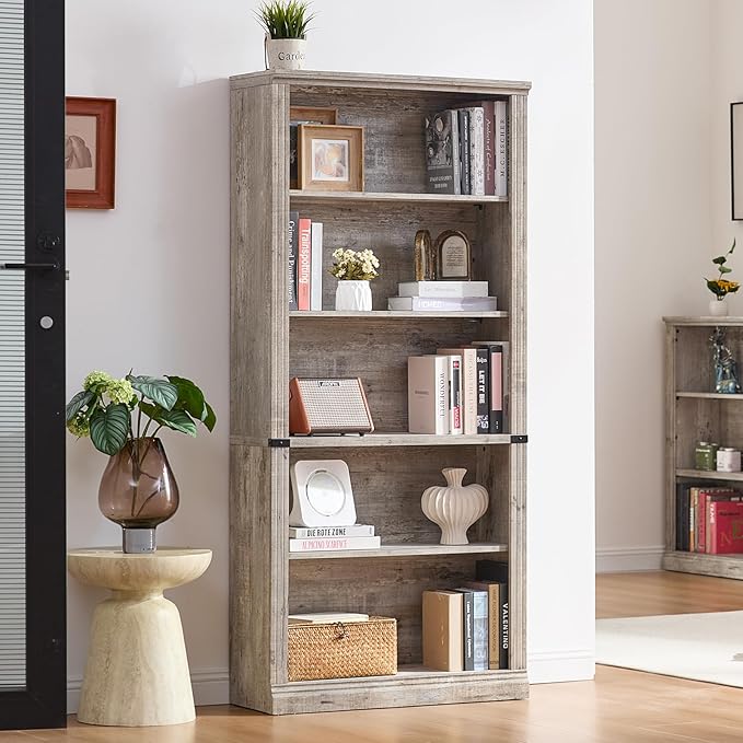 RWYHG 70" Grey Tall Bookshelf,5-Tier Thick Wooden Book Shelf with Adjustable Shelves,Free Standing Farmhouse Bookcase with Open Display Storage,Floor Vintage Bookshelves for Living Room,Office
