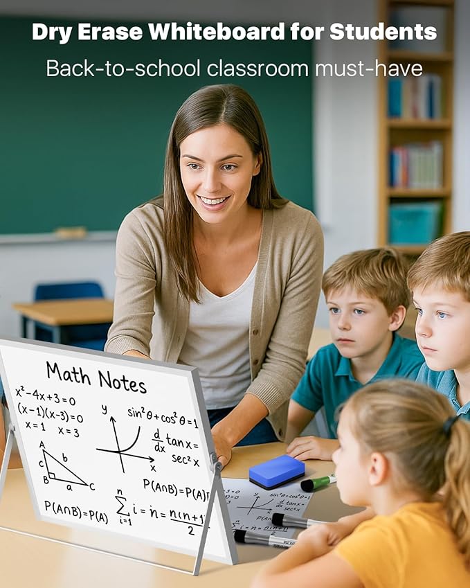 Marsrock Dry Erase White Board with Stand,Double-Sided Whiteboard 16"x12", 10 Markers,6 Magnets, 1 Eraser,Portable Desktop Whiteboard for Planning,Colorful Weekly Schedule Board for School for Home