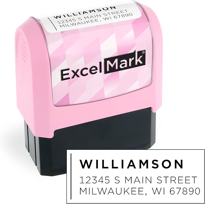 ExcelMark Address Stamp - Custom Return Address Stamp with Elegant Designs, Vibrant Colors & Patterns – Perfect for Mail, Invitations & Gifts (Pink Mount, Modern Line)
