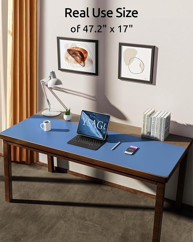 YSAGi Leather Desk Protector, Office Mat, Large Mouse Mat, Non-Slip PU Leather Blotter, Laptop Desk Mat, Waterproof Writing Pad for Office and Home (Sea Blue, 47" x 17")