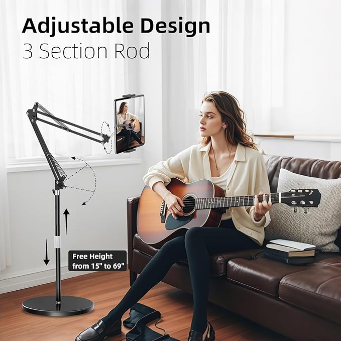 Peastrex Tablet Floor Stand with 12lb Stable Base Overhead Bed Ipad Phone Holder Mount with Adjustable Height Stretchable Arm for 4.5-13in iPad Pro Air Mini 12.9/9.7, Kindle, Galaxy Tab, CellPhones