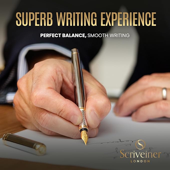 Scriveiner Silver Chrome Fountain Pen - Stunning Luxury Pen, Real Gold Finish, Schmidt Gilded Nib (Extra Fine), Best Gift Set for Men & Women Professional Executive Office Nice Designer Pen