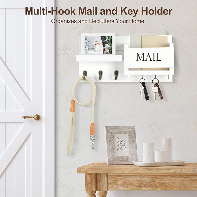 Lwenki Mail Organizer for Wall Mount – Key Holder with Shelf Includes Letter Holder and Hooks for Hallway Farmhouse Decor – Rustic Wood with Flush Mounting Hardware (16.5” x 9.1” x 3.4”) (White)