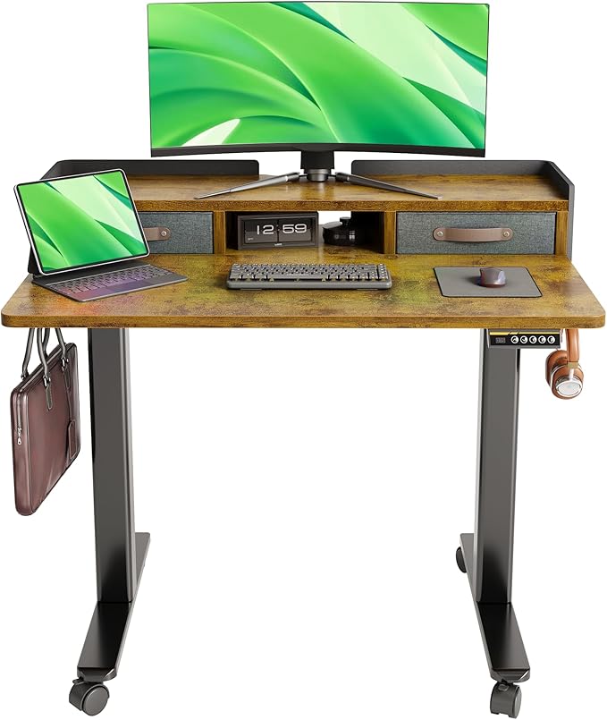 Claiks Standing Desk with Drawers, Adjustable Stand Up Electric Small Standing Desk Adjustable Height with Storage Shelf and Splice Board, 40 Inch, Rustic Brown