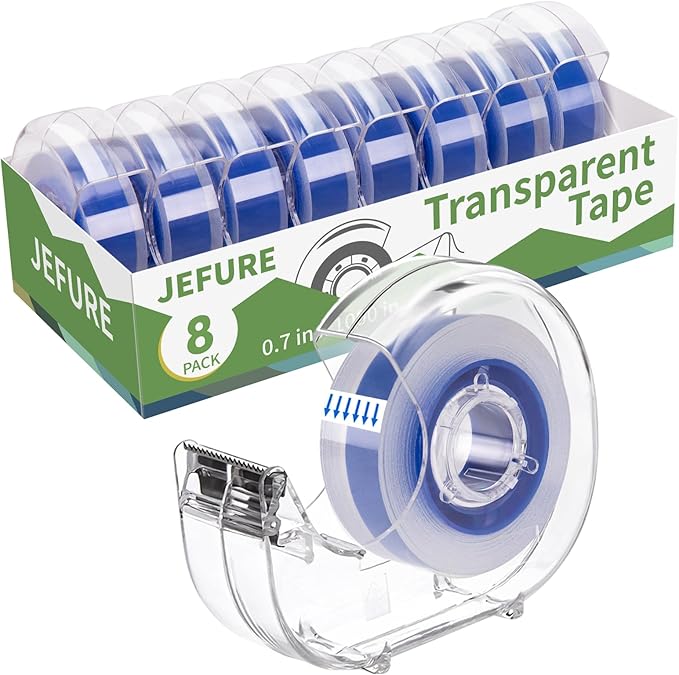JEFURE 8 Pcs Transparent Tape with Dispenser, 0.7 x 1000 in Blue Core Clear Tape Rolls Bulk, Office Tape Refills for Desk, Craft, and Gift Wrapping