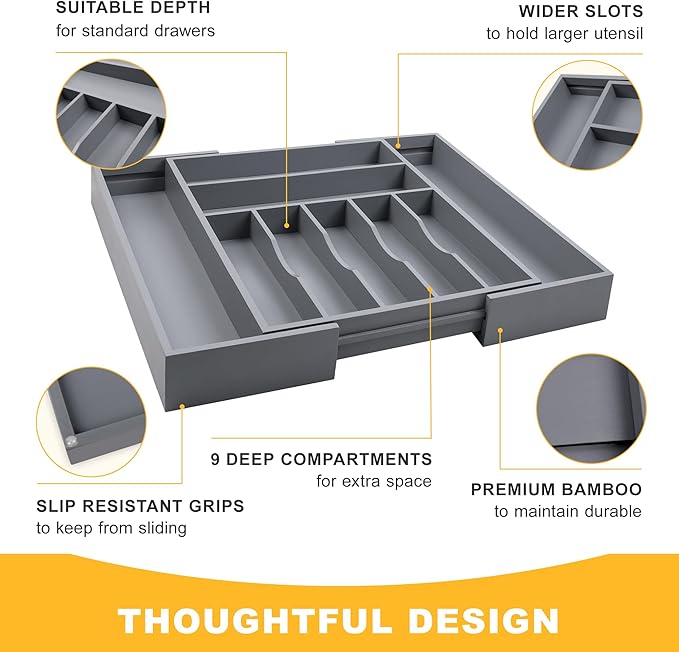 oridom Large Premium Bamboo Silverware Organizer - Expandable Drawer Organizer & Utensil Organizer - 17"x19.7" Cutlery Tray with Dividers for Kitchen Utensils and Flatware (7-9 Slots) (Grey)