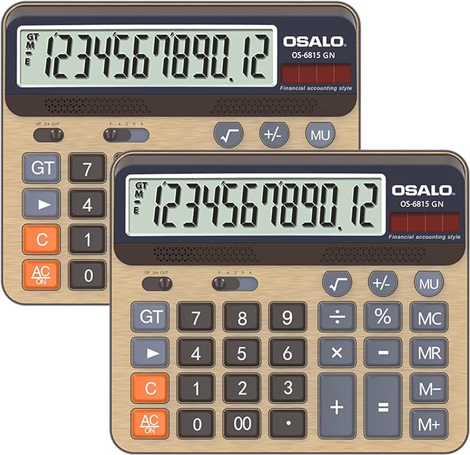 Desktop Calculator Extra Large 5-Inch LCD Display 12-Digit Big Number Accounting Calculator with Giant Response Button, Battery & Solar Powered, Perfect for Office Business Home Daily Use(6815GN-2pcs)