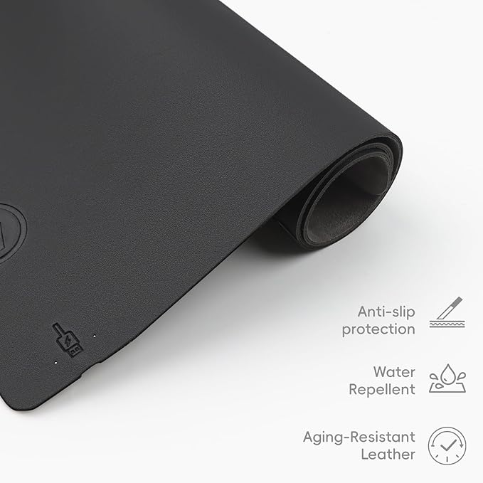 Mouse Pad with Wireless Charging, PU Leather Fast Charging Gaming Mouse Pad, Waterproof Anti-Slip Surface, Easy Clean Office Table Mat, 32L x 16W x 0.15H inches, Black(Right Side Charging Port)