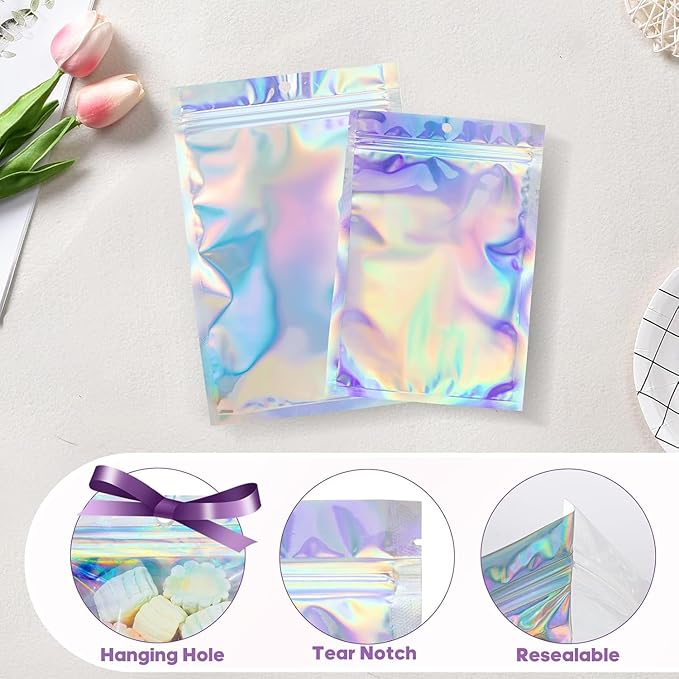 6x9 inch Holographic Bags with Party Favor Mylar Bags Coffee Storage for Small Business 50Pcs Resealable