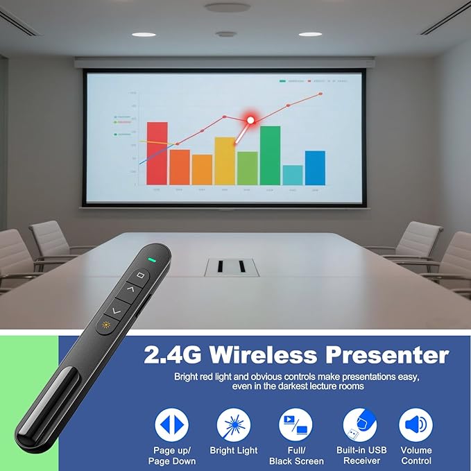 QUI Presentation Clicker for PowerPoint, RF 2.4GHz USB C Wireless Presenter Remote with Volume Control, PowerPoint Clicker Slide Advancer for Mac, Windows, Laptop, Keynote