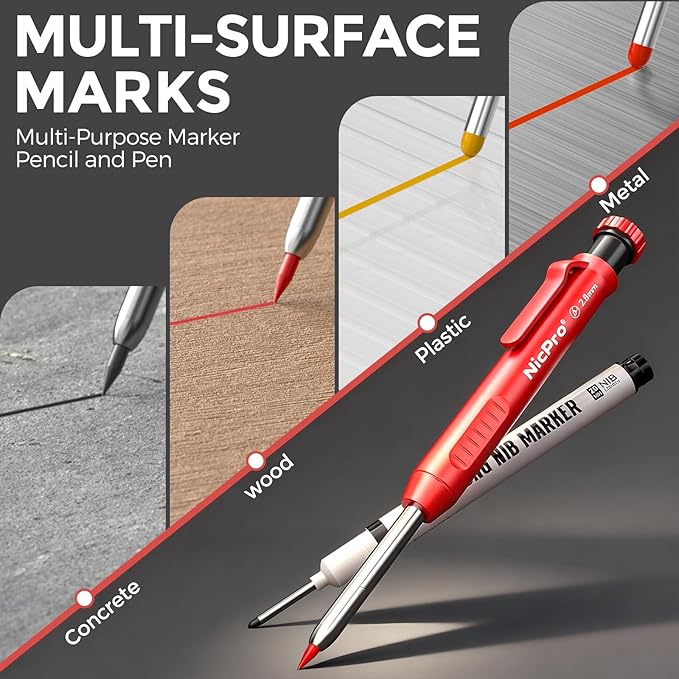 Nicpro 3 Pack CP1000 Carpenter Pencils with Sharpener, Mechanical Carpenter Pencil with 39 Refills, Deep Hole Long Nib Marker Pens for Construction, Heavy Duty Woodworking Pencil for Architect Marking