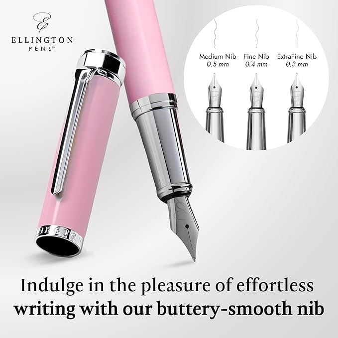 Ellington Pens Luxury Fountain Pen Set - Smooth Fine Nib - Includes 3 Ink Cartridges, Refillable Ink Converter, Gift Box - Fountain Pens For Writing, Calligraphy, Journaling, Sketching (Rosy Flair)